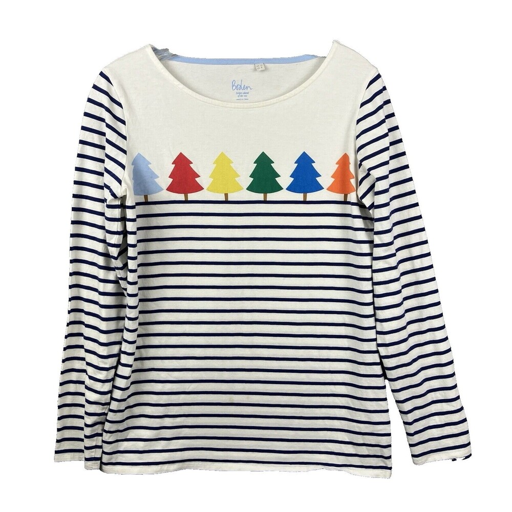 Boden Breton Stripe Long Sleeve Rainbow Tree T-Shirt Top US 8 UK 12